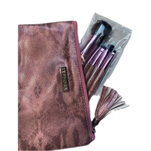 3 LEFT! NEW Sephora 5-Piece Makeup Brush Set in a Pink Faux Snakeskin Clutch